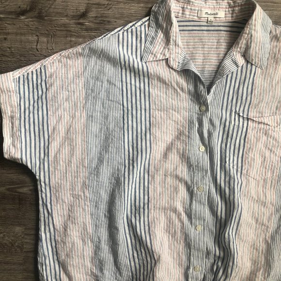 VGUC Madewell Short-Sleeve Tie-Front Collared Casual Shirt in Rawley Stripe Sz L - Picture 3 of 4